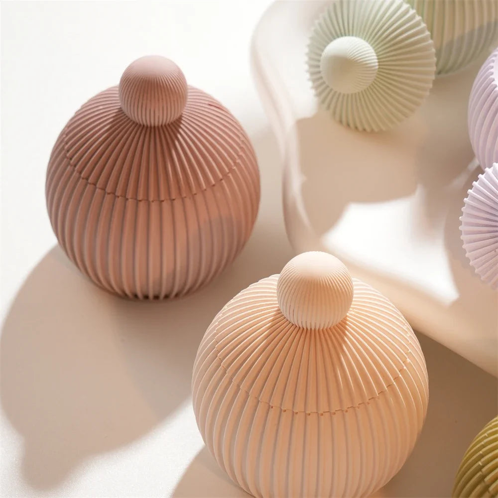 Round Shape Wax Melt Burner Plaster Concrete Silicone Mould Ribbed Ball Candle Jar Silicone Mold with Lid Home Ornament