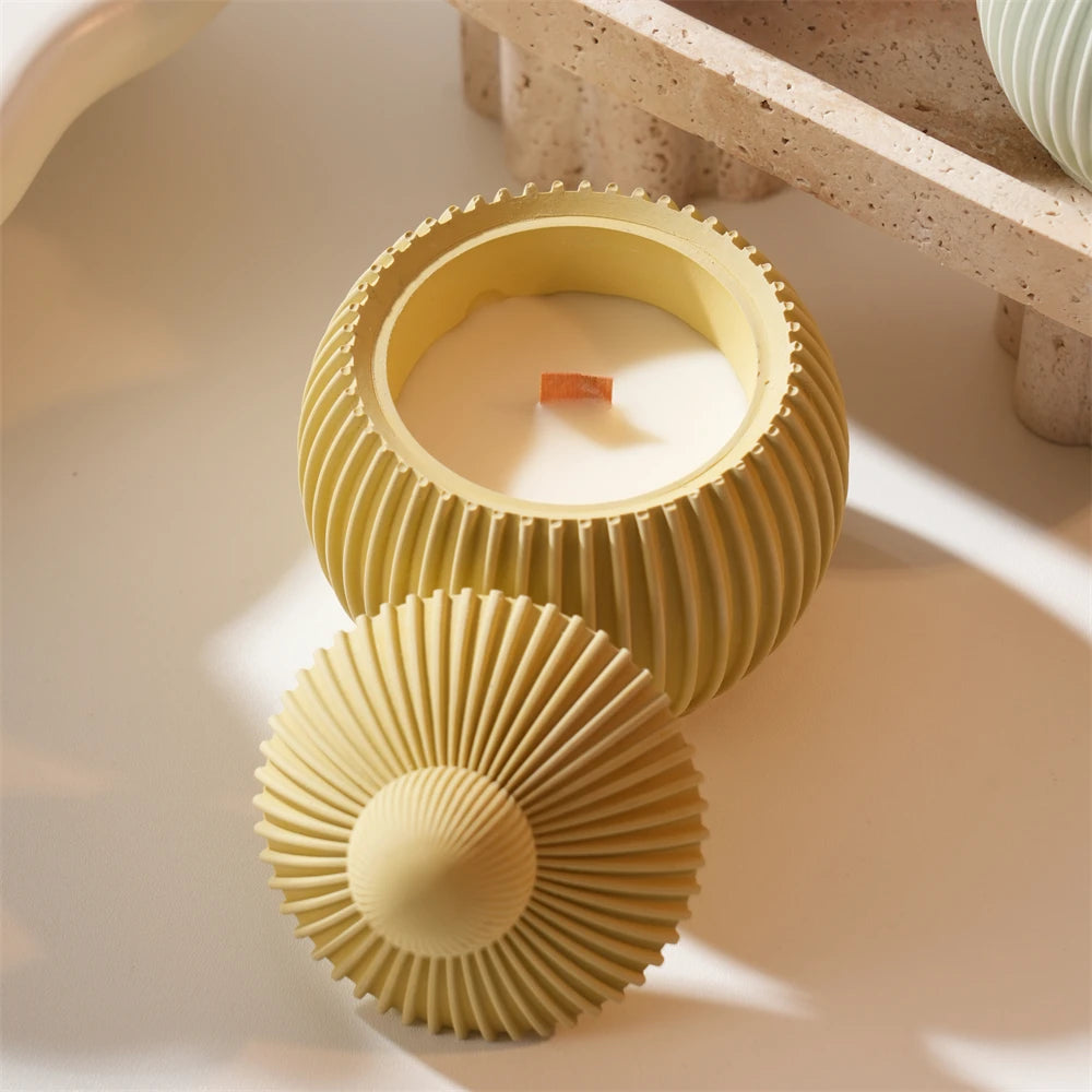 Round Shape Wax Melt Burner Plaster Concrete Silicone Mould Ribbed Ball Candle Jar Silicone Mold with Lid Home Ornament