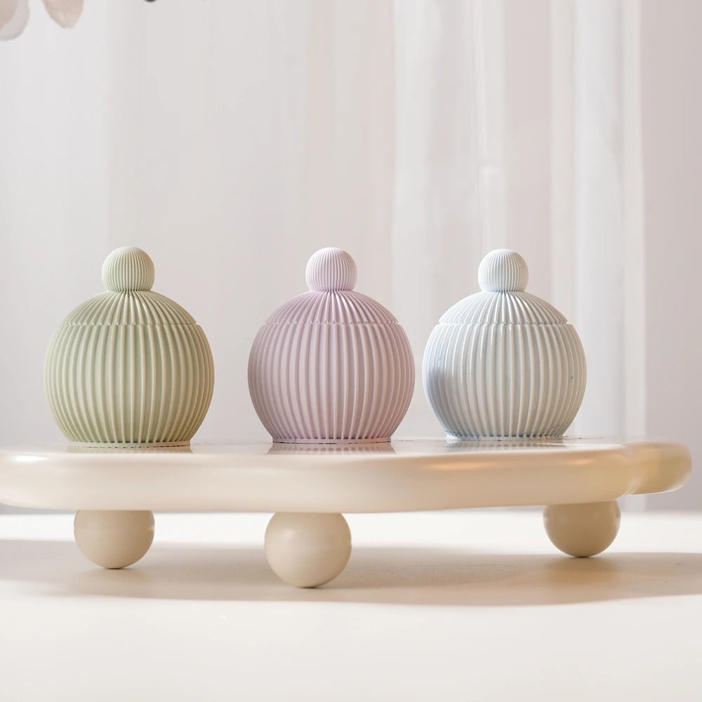 Round Shape Wax Melt Burner Plaster Concrete Silicone Mould Ribbed Ball Candle Jar Silicone Mold with Lid Home Ornament