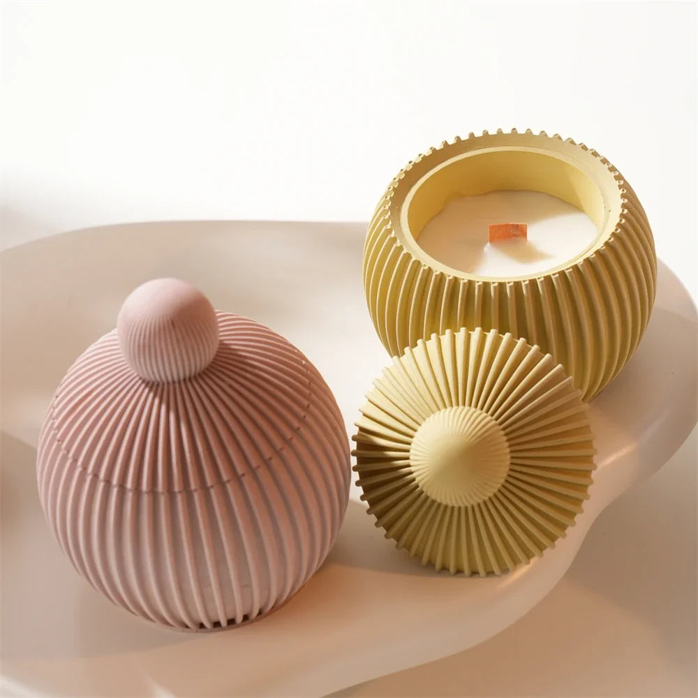 Round Shape Wax Melt Burner Plaster Concrete Silicone Mould Ribbed Ball Candle Jar Silicone Mold with Lid Home Ornament