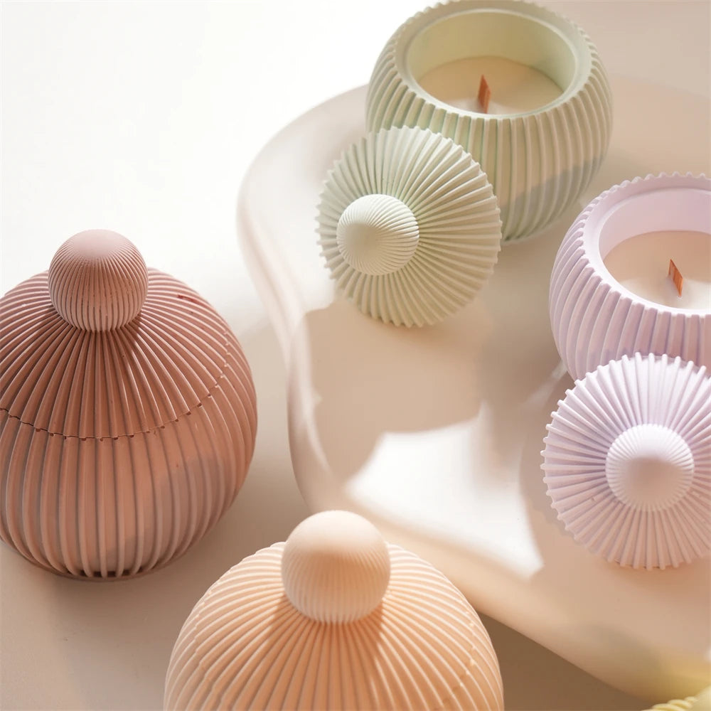 Round Shape Wax Melt Burner Plaster Concrete Silicone Mould Ribbed Ball Candle Jar Silicone Mold with Lid Home Ornament