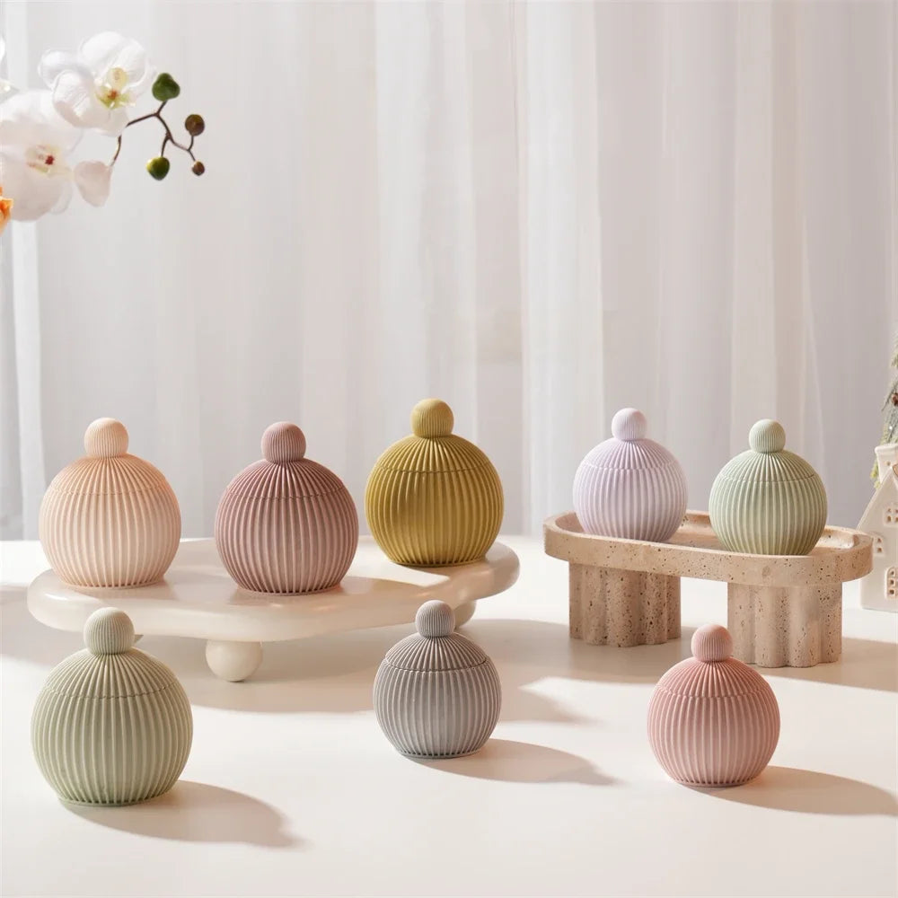 Round Shape Wax Melt Burner Plaster Concrete Silicone Mould Ribbed Ball Candle Jar Silicone Mold with Lid Home Ornament