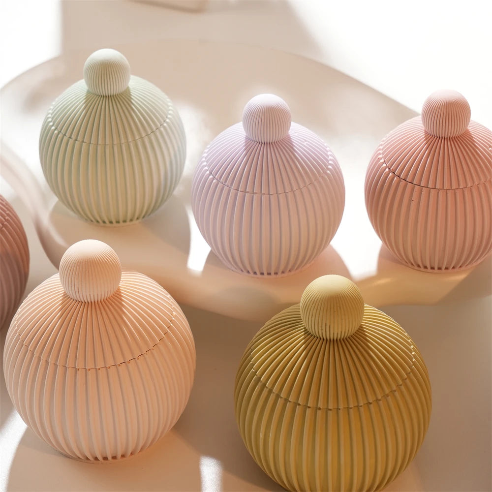 Round Shape Wax Melt Burner Plaster Concrete Silicone Mould Ribbed Ball Candle Jar Silicone Mold with Lid Home Ornament