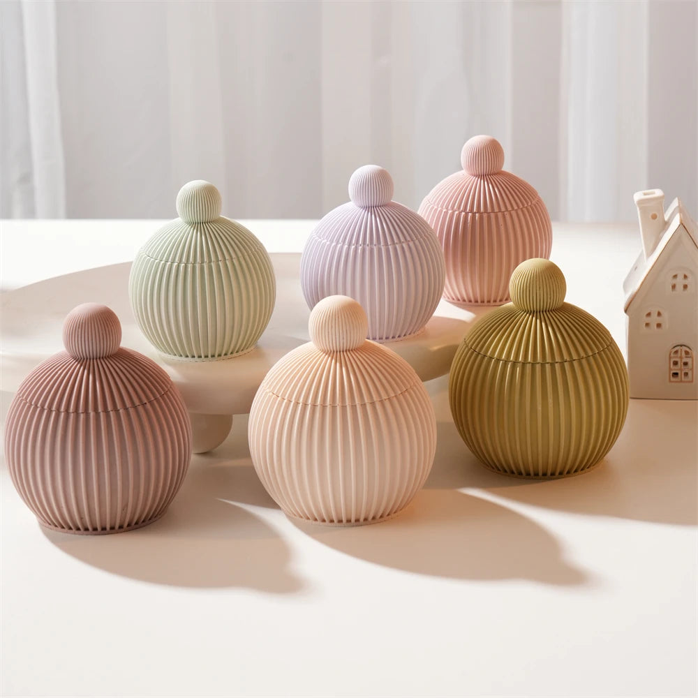 Round Shape Wax Melt Burner Plaster Concrete Silicone Mould Ribbed Ball Candle Jar Silicone Mold with Lid Home Ornament