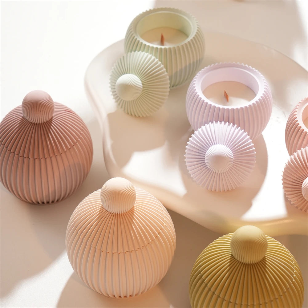 Round Shape Wax Melt Burner Plaster Concrete Silicone Mould Ribbed Ball Candle Jar Silicone Mold with Lid Home Ornament