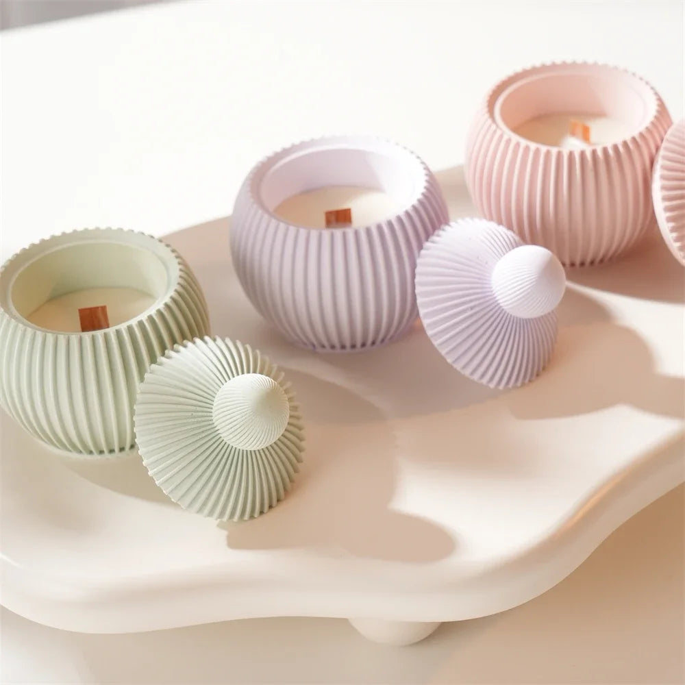 Round Shape Wax Melt Burner Plaster Concrete Silicone Mould Ribbed Ball Candle Jar Silicone Mold with Lid Home Ornament
