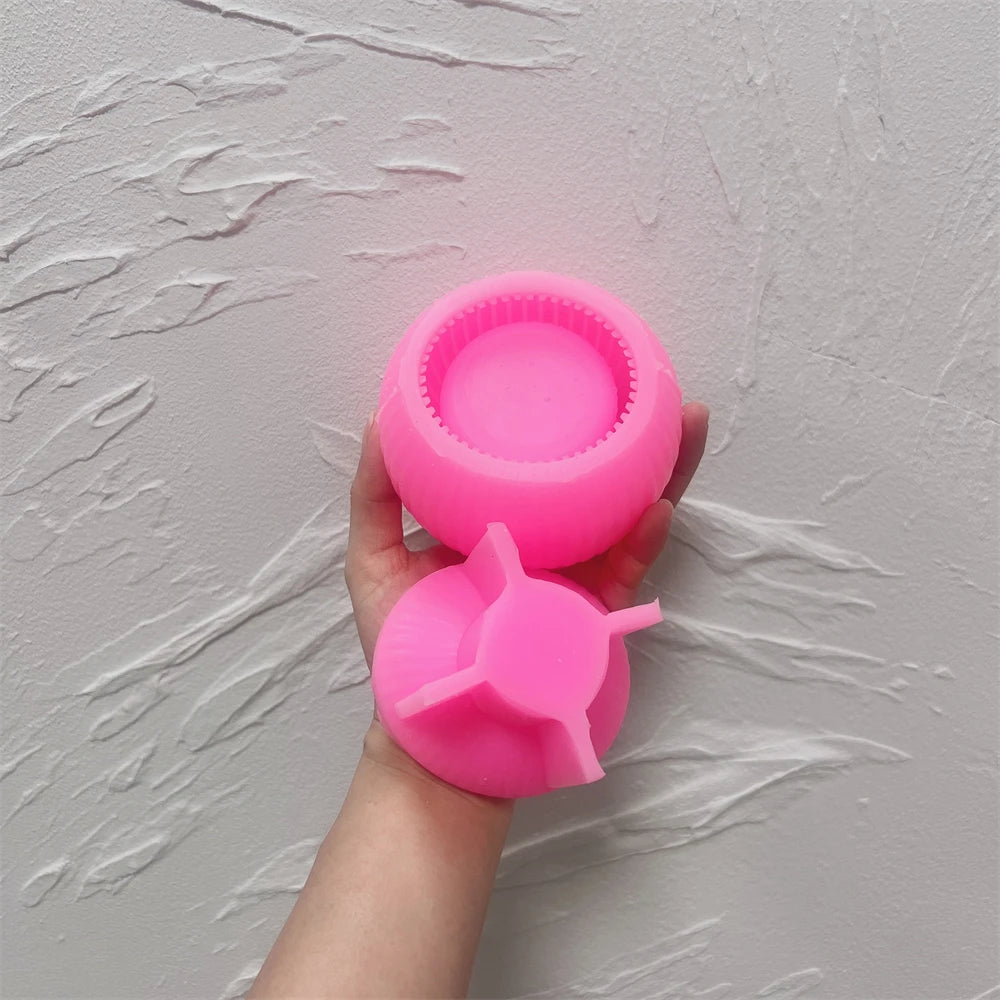 Round Shape Wax Melt Burner Plaster Concrete Silicone Mould Ribbed Ball Candle Jar Silicone Mold with Lid Home Ornament