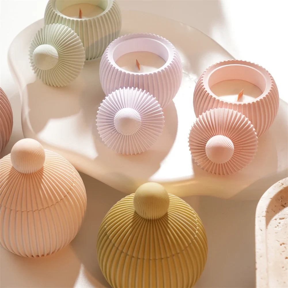Round Shape Wax Melt Burner Plaster Concrete Silicone Mould Ribbed Ball Candle Jar Silicone Mold with Lid Home Ornament