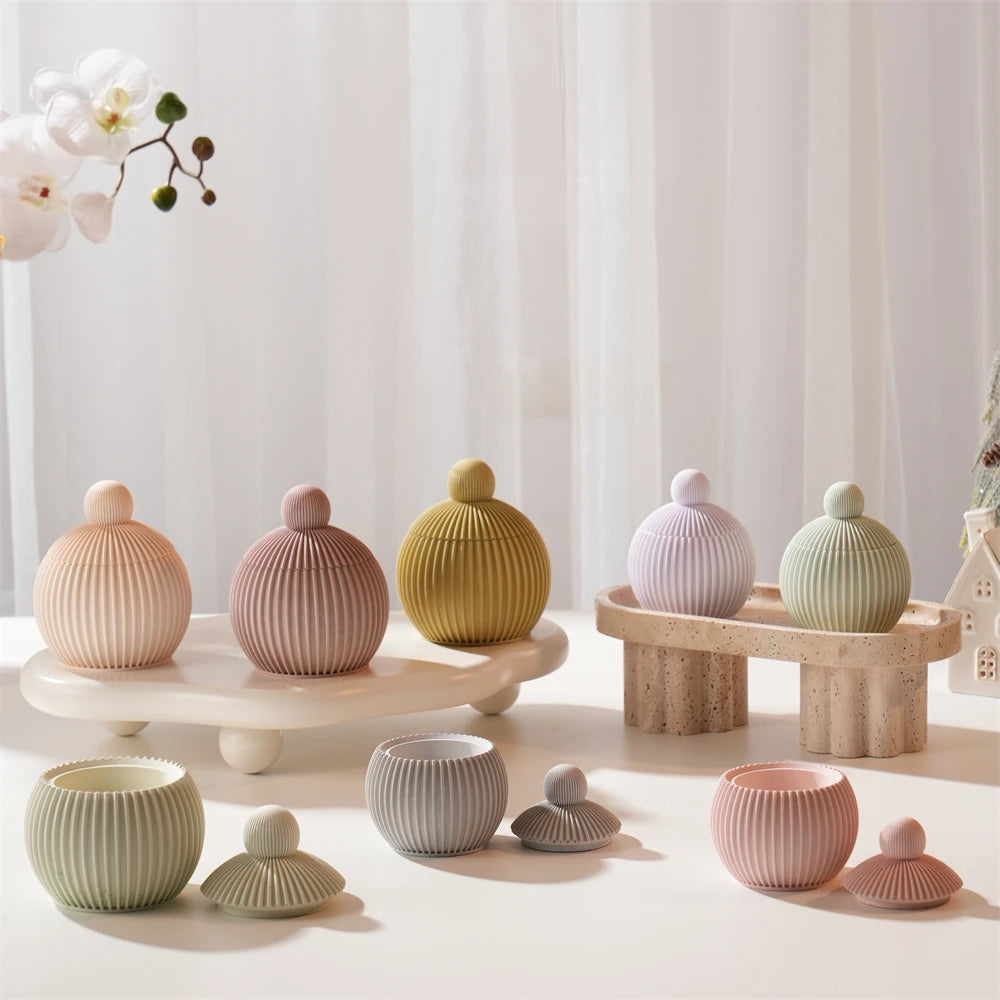 Round Shape Wax Melt Burner Plaster Concrete Silicone Mould Ribbed Ball Candle Jar Silicone Mold with Lid Home Ornament
