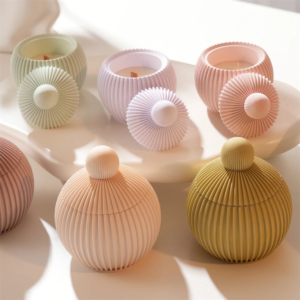 Round Shape Wax Melt Burner Plaster Concrete Silicone Mould Ribbed Ball Candle Jar Silicone Mold with Lid Home Ornament