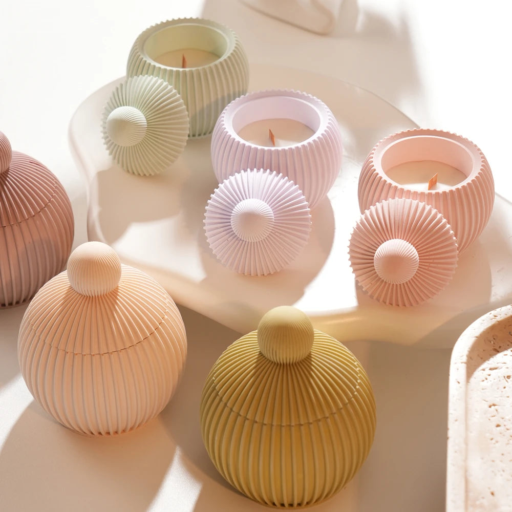 Round Shape Wax Melt Burner Plaster Concrete Silicone Mould Ribbed Ball Candle Jar Silicone Mold with Lid Home Ornament
