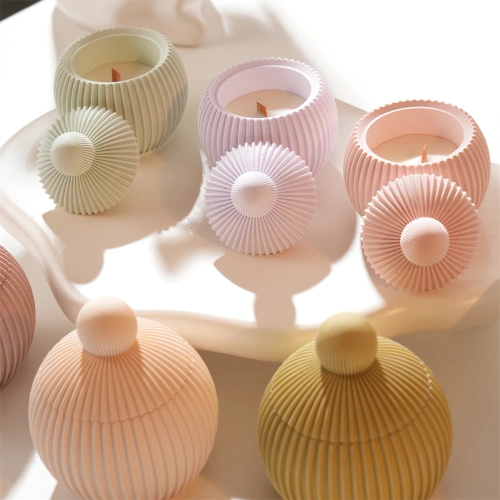 Round Shape Wax Melt Burner Plaster Concrete Silicone Mould Ribbed Ball Candle Jar Silicone Mold with Lid Home Ornament