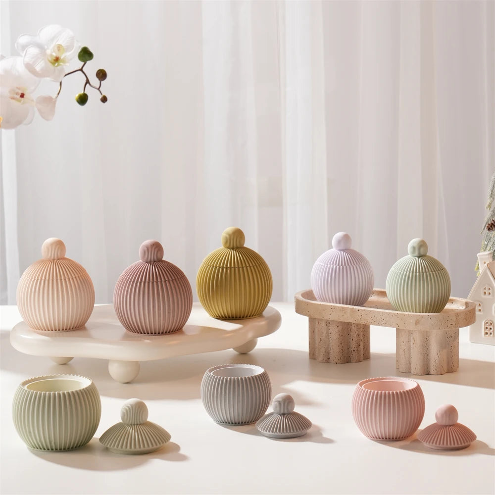 Round Shape Wax Melt Burner Plaster Concrete Silicone Mould Ribbed Ball Candle Jar Silicone Mold with Lid Home Ornament