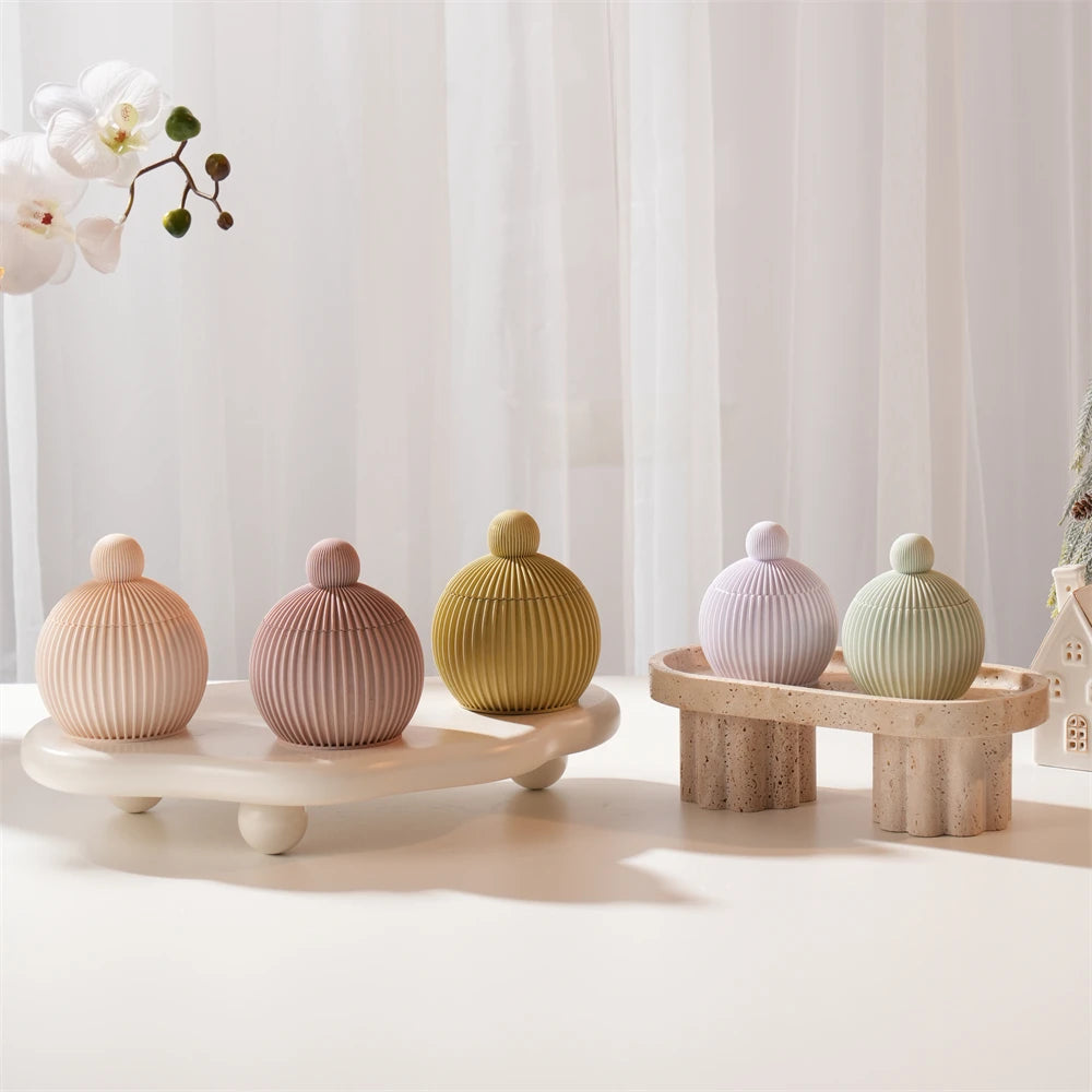 Round Shape Wax Melt Burner Plaster Concrete Silicone Mould Ribbed Ball Candle Jar Silicone Mold with Lid Home Ornament
