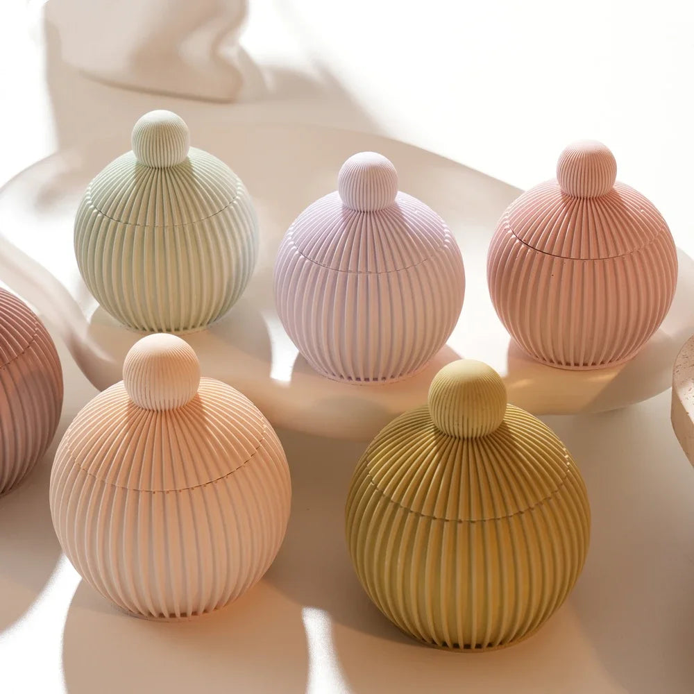 Round Shape Wax Melt Burner Plaster Concrete Silicone Mould Ribbed Ball Candle Jar Silicone Mold with Lid Home Ornament