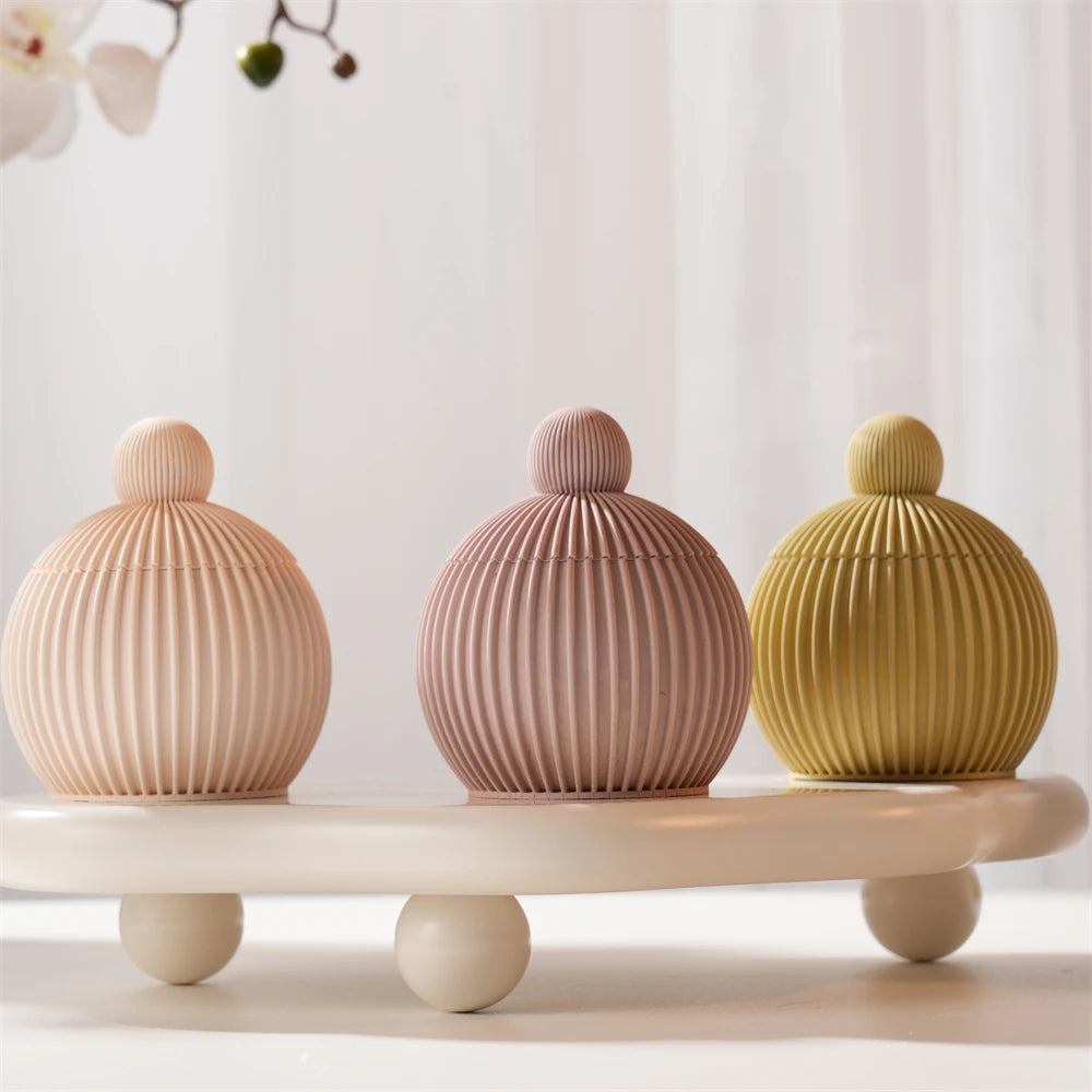 Round Shape Wax Melt Burner Plaster Concrete Silicone Mould Ribbed Ball Candle Jar Silicone Mold with Lid Home Ornament