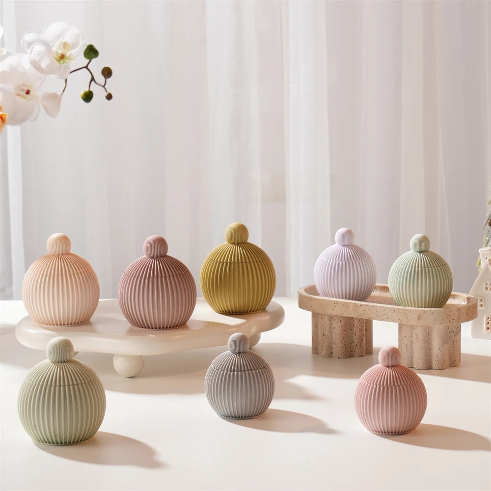 Round Shape Wax Melt Burner Plaster Concrete Silicone Mould Ribbed Ball Candle Jar Silicone Mold with Lid Home Ornament