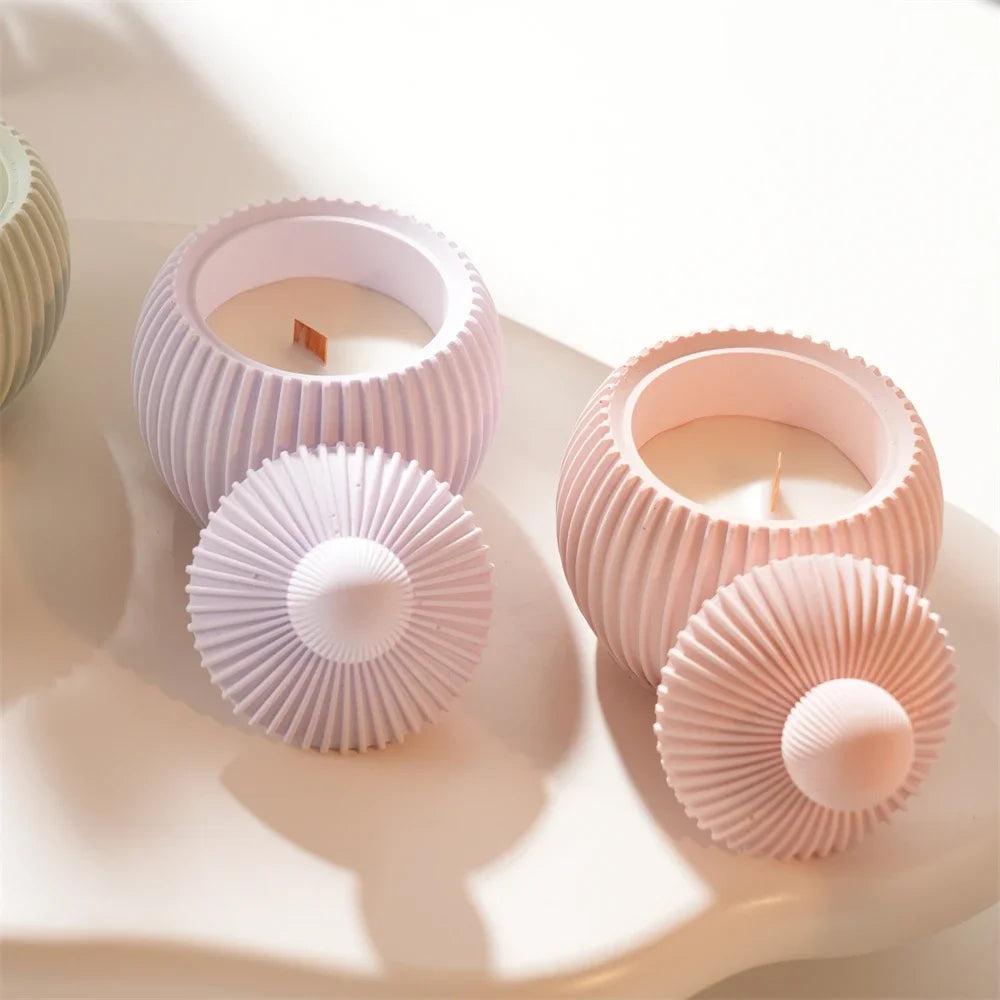 Round Shape Wax Melt Burner Plaster Concrete Silicone Mould Ribbed Ball Candle Jar Silicone Mold with Lid Home Ornament