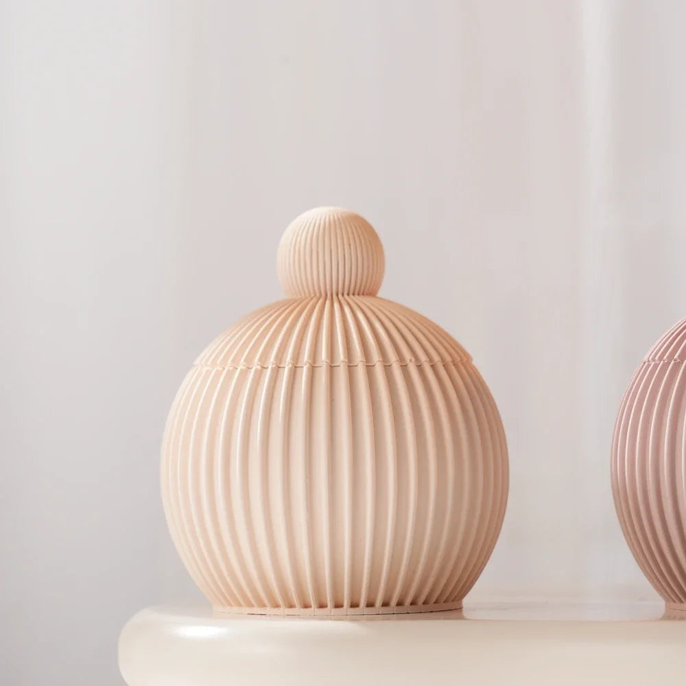 Round Shape Wax Melt Burner Plaster Concrete Silicone Mould Ribbed Ball Candle Jar Silicone Mold with Lid Home Ornament