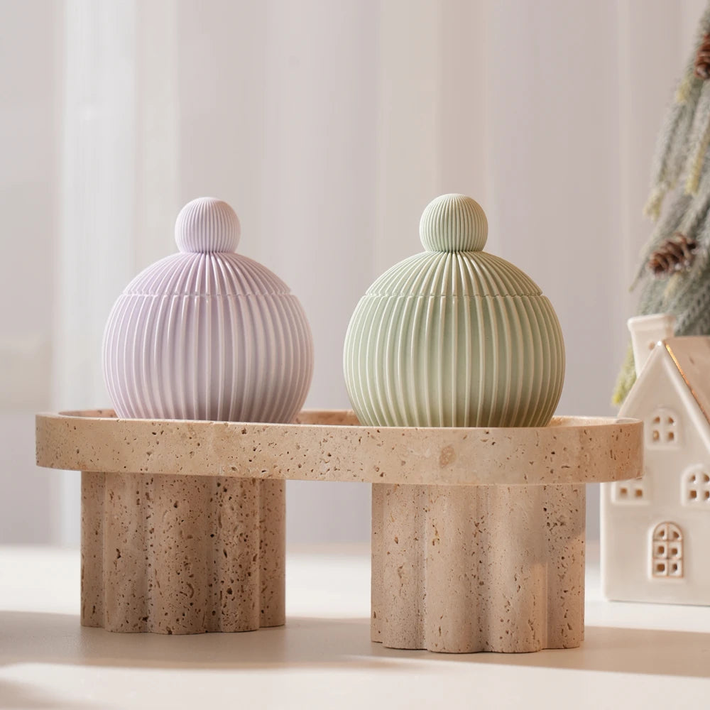 Round Shape Wax Melt Burner Plaster Concrete Silicone Mould Ribbed Ball Candle Jar Silicone Mold with Lid Home Ornament
